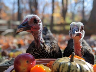 Two wild turkeys looking at the camera with a bowl of food in front of them. - obrazy, fototapety, plakaty