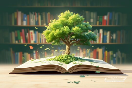 tree growing from book in success knowlage concept
