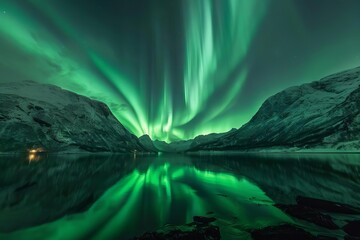 mesmerizing aurora borealis over serene fjord breathtaking natural phenomenon landscape - obrazy, fototapety, plakaty
