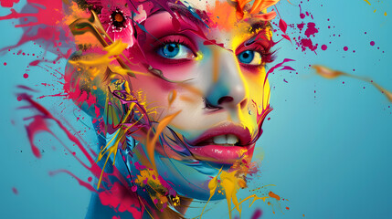 Colorful paint splash on woman face advertising art