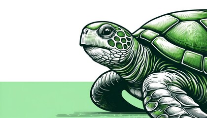 A turtle is shown in a green and white background. The turtle is looking at the camera and he is curious. The image has a calm and peaceful mood, as the turtle is not in motion