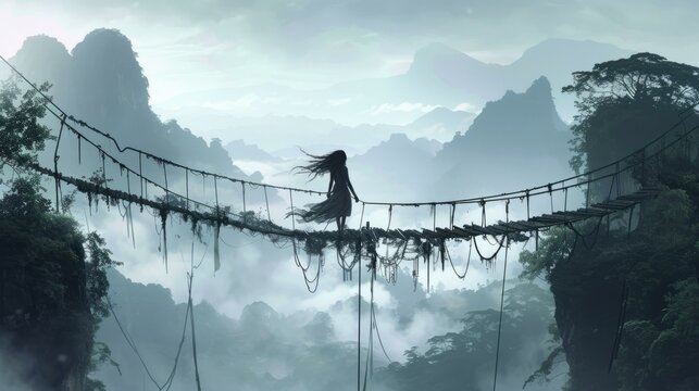 Fototapeta b'A woman walking on a rope bridge in the jungle'