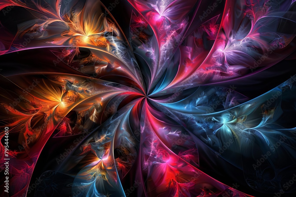 Wall mural mesmerizing fractal patterns in vivid colors on black background abstract digital art