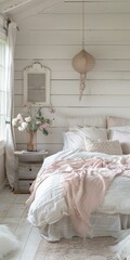 b'Cozy bedroom with white walls and pink bedding'