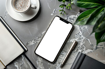 mockup of a  smartphone with transparent background on a desk next to coffee, notebook, pen and house plants
