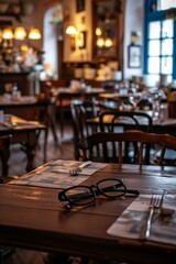 b'An empty restaurant with glasses on the table' - obrazy, fototapety, plakaty