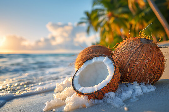 Tropical beach sunrise with coconuts