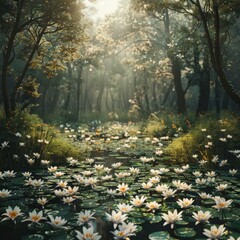Mystical Forest Pond with Glowing White Water Lilies - obrazy, fototapety, plakaty