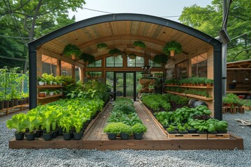 vibrant garden in front of a wooden structure with various types of green plants and vegetables growing healthily