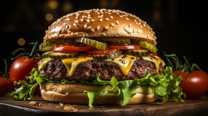 b'yummy cheeseburger with pickles tomatoes and lettuce'