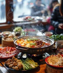 A group of people are sitting around a table eating a hot pot.