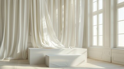 Elegant white room with podium and curtains