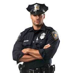 A police officer in uniform, standing with authority, badge visible, on a transparent background.