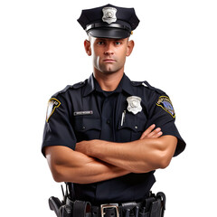 A police officer in uniform, standing with authority, badge visible, on a transparent background.