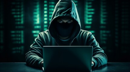 b'A hacker in a black hoodie and mask uses a laptop to hack into a system'