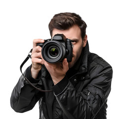 A photographer with a camera in hand, looking through the lens, capturing a moment, on a transparent background