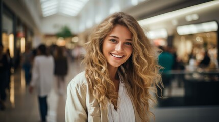 b'Portrait of a smiling young woman with long blond hair wearing a white shirt and tan jacket in a shopping mall'