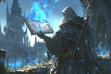 a wizard holding an open book with blue glowing energy coming from it, standing in front of dark fantasy castle ruins