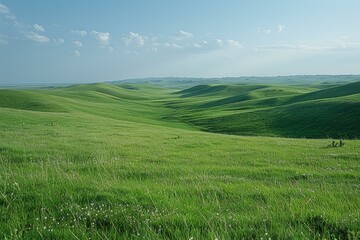 b'Vast green rolling hills under blue sky with clouds'