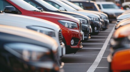 Rows of shiny new cars lined up in a car showroom - obrazy, fototapety, plakaty