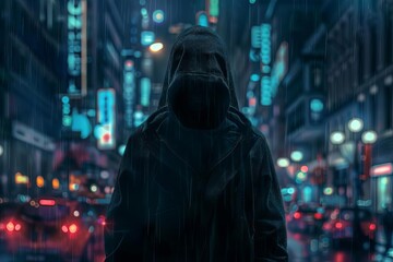Fototapeta na wymiar mysterious hooded figure standing on city street at night digital illustration