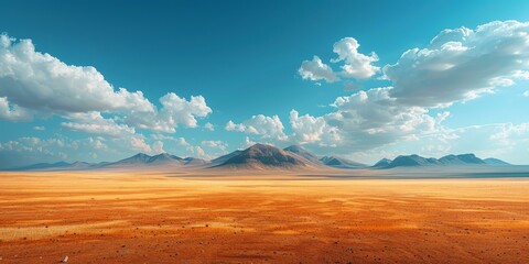 b'Vast desert landscape with mountains in the distance under a blue sky with clouds'