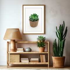 b'A beautiful succulent plant in a woven basket on a shelf with other plants and books'