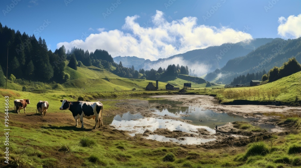Wall mural b'Cows in a green field with mountains in the distance' - Wall murals