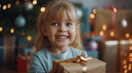 Fototapeta na wymiar Blonde girl shaking a gift box, her eyes sparkling with anticipation as she celebrates her birthday