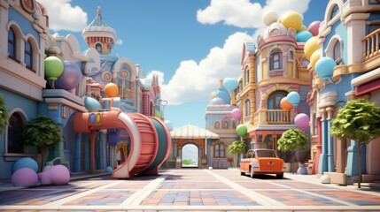 b'A colorful 3D rendering of a street with cartoon buildings and a red car.'