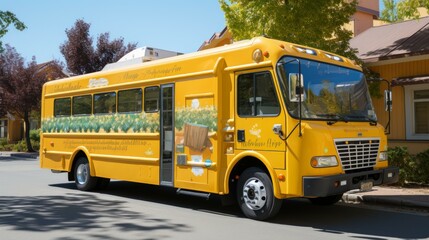 b'A yellow school bus with a mural of a farm scene on the side'