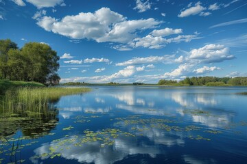 Peaceful lake with scattered cirrostratus clouds