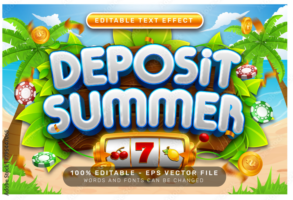 Poster deposit summer 3d text effect and editable text effect with illustration of summer on the beach