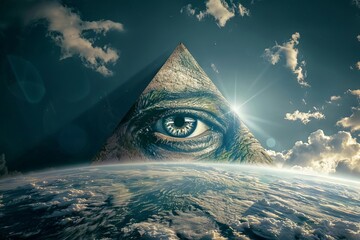 ominous illuminati eye pyramid looms over globe symbolizing conspiracy theories and new world order conceptual image - obrazy, fototapety, plakaty