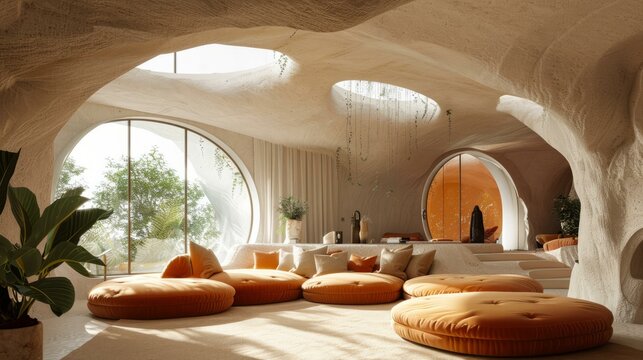 b'Futuristic luxury cave dwelling with large windows'
