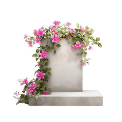 A podium made of concrete with pink clematis flowers on a white background