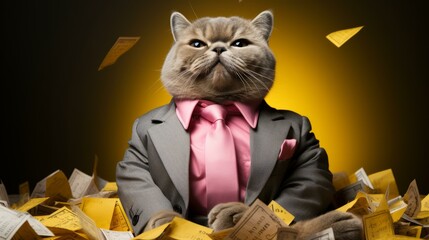 b'A gray cat wearing a suit and tie sits in a pile of money' - obrazy, fototapety, plakaty