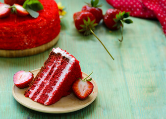 red velvet cake with cream and strawberry - 795447440