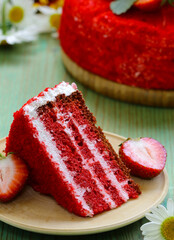 red velvet cake with cream and strawberry - 795447479