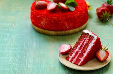 red velvet cake with cream and strawberry - 795447499