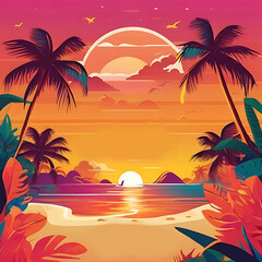 Obraz premium Colorful Summer vacation scene modern style, palm tree, sea beach, and summer background decorated summer