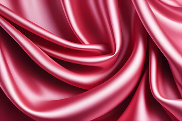 Red silk fabric luxury background. Wavy abstract satin cloth texture pattern. Smooth shiny drape material curtain.