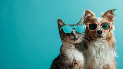 Whimsical portrait of a Border Collie and Tabby Cat in stylish sunglasses against a blue background, capturing a playful and trendy pet friendship