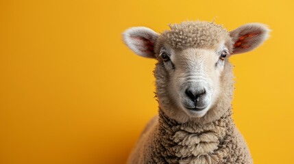 Close-up portrait of a sheep against a yellow background