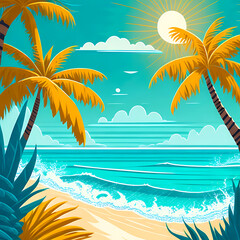 Fototapeta na wymiar Vector Hello summer illustration with tropical palm trees, sea beach, summer background beautiful image. Ai Generated image.