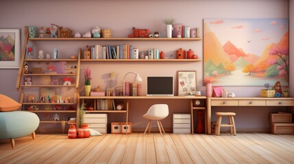 b'Cozy Home Office Setup with Bookshelf and Desk'