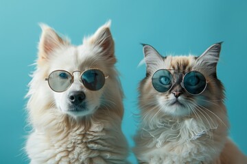 Samoyed dog and Persian cat with stylish eyewear posing side by side, a display of adorable pet companionship, concept of style and pet bonding.