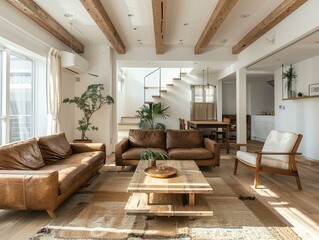 Fototapeta premium b'Airy Japanese house with wooden beams and leather furniture'