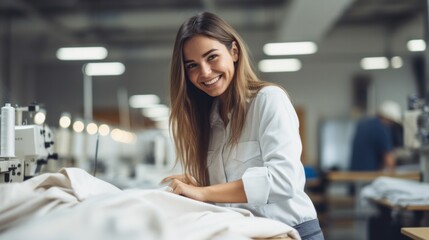 Happy young seamstress working in a weaving factory and sewing.