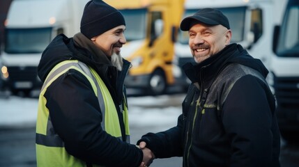 Happy smiling young truck driver shaking hands with dispatcher in parking lot